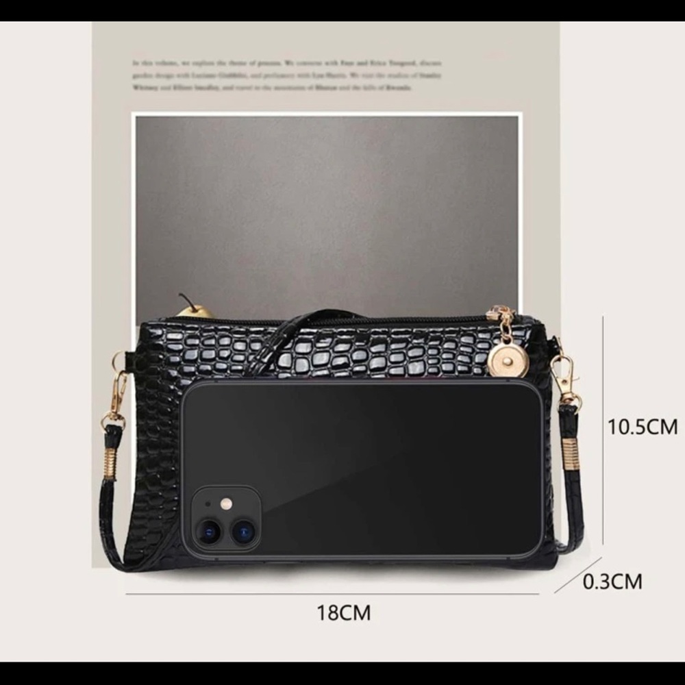 New Black & Gold Vegan Leather Croc Embossed Crossbody Bag - Picture 8 of 16